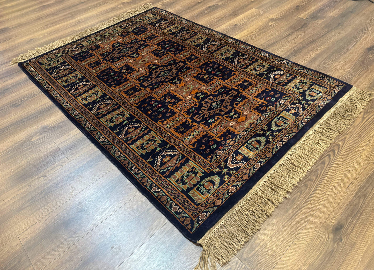 USED Vintage Afghan Rug 4x6, Navy Blue and Light Brown, Geometric Medallions, Wool on Wool, Tribal Rug