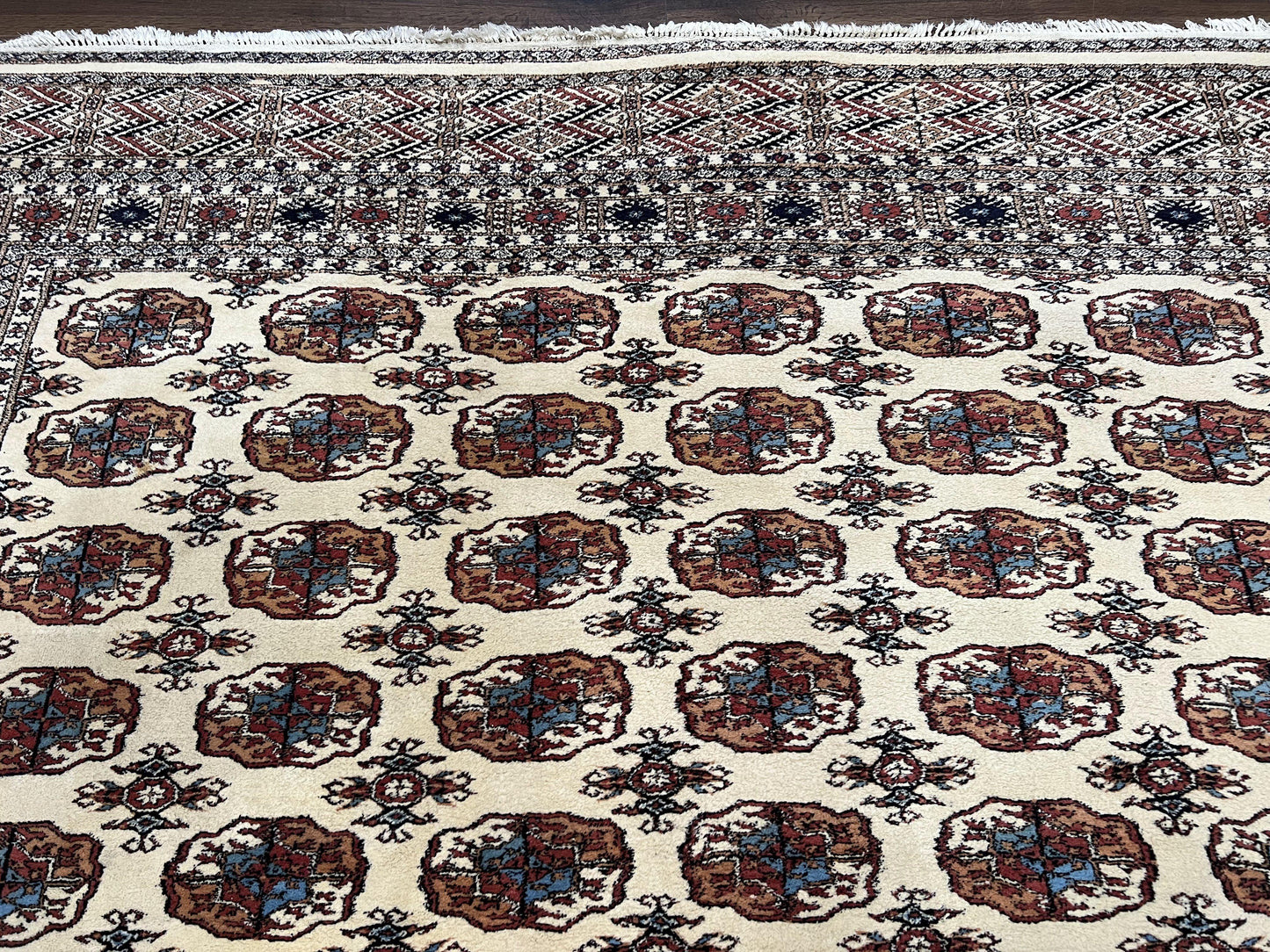 USED Pakistani Bokhara Rug 8x10, Traditional Turkoman Tribal Carpet, Allover Repeated Elephant Foot Motif, Ivory/Cream Black Red, Vintage Handmade