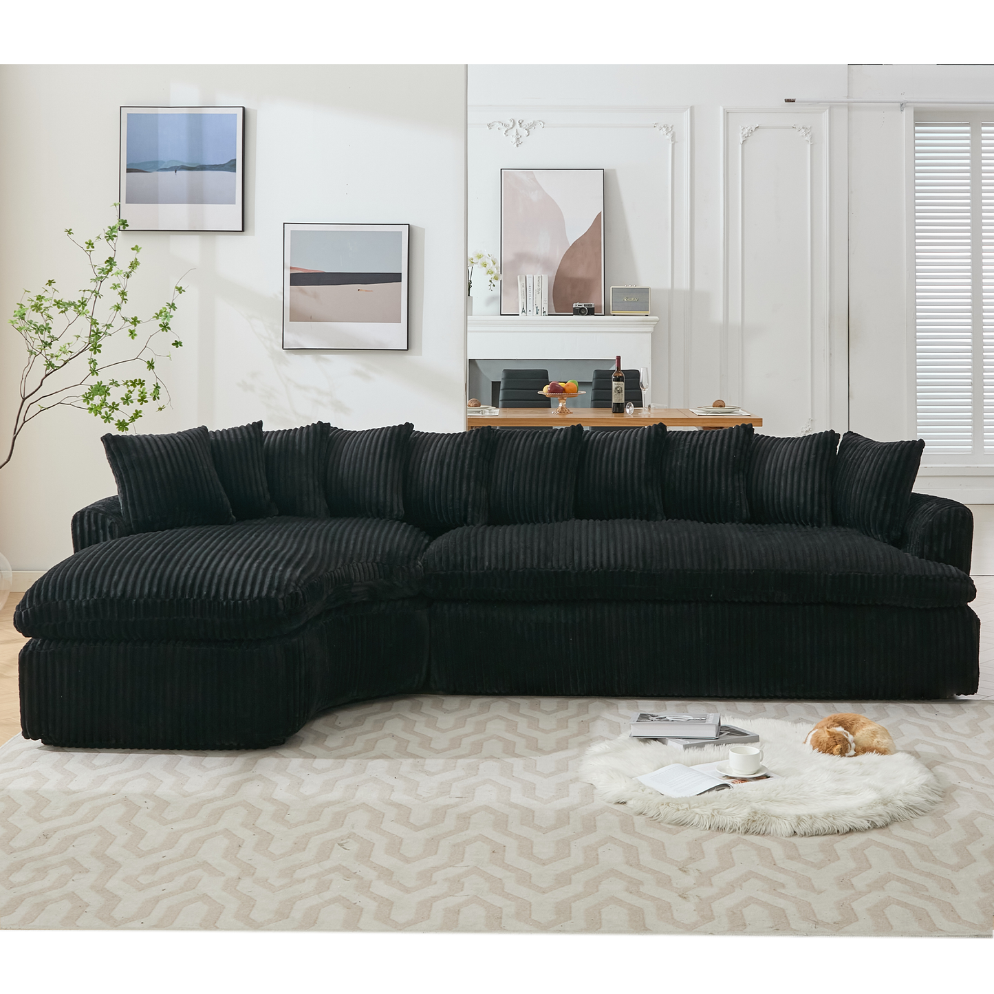 NEW 127''  Large Sectional Sofa ,Elegant Curved Design ,High-Resilience Foam ,Ten Back Cushions,L-Shape Left Sofa,No Assembly  Required , (Black-Soft Corduroy Fabric)