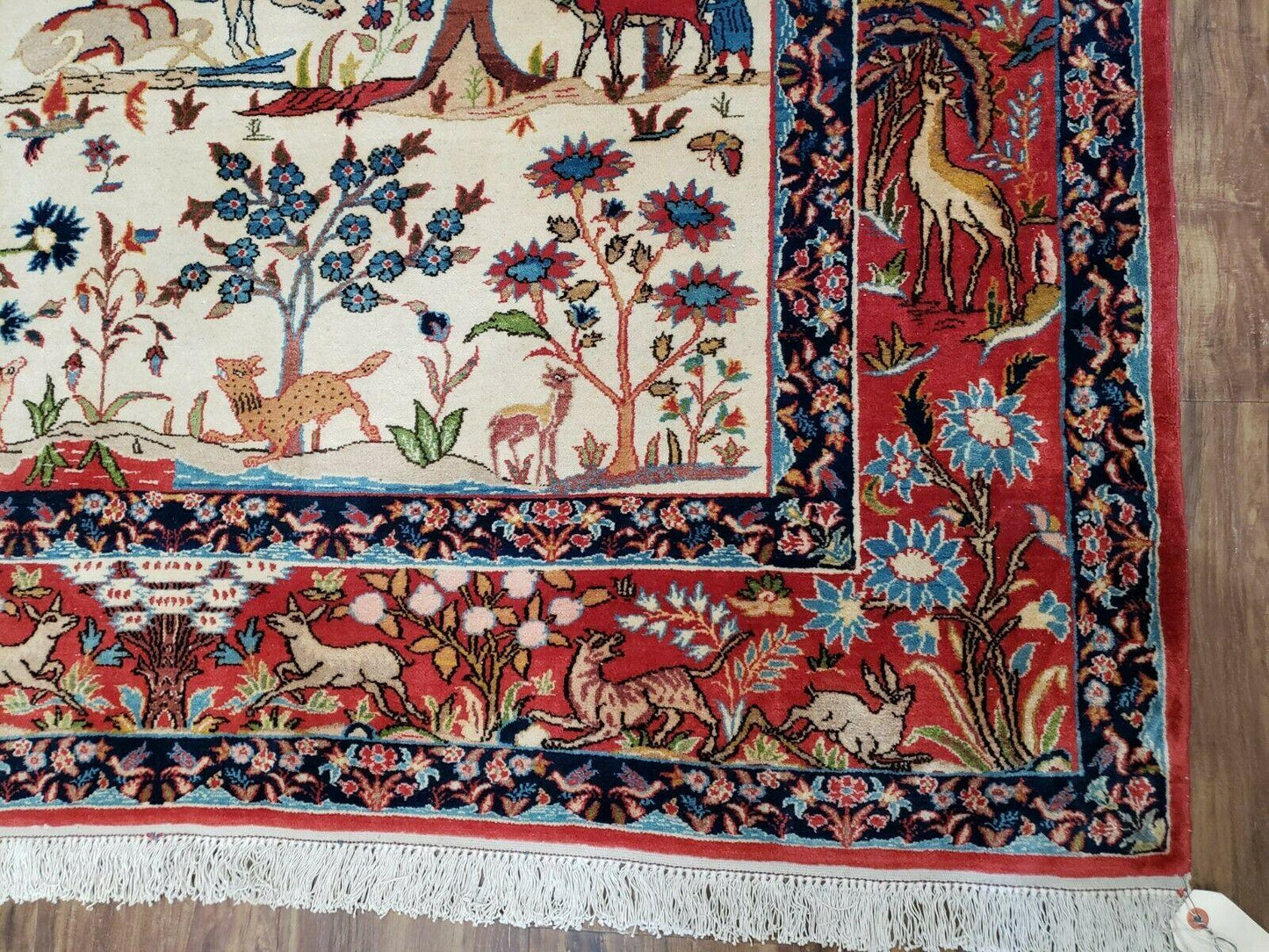 USED Antique Persian Isfahan Rug 5x7, Animal and Human Pictorials, Hand Knotted Fine Oriental Wool Carpet, Cream and Red, High KPSI, Vintage Rug 5 x 7 ft