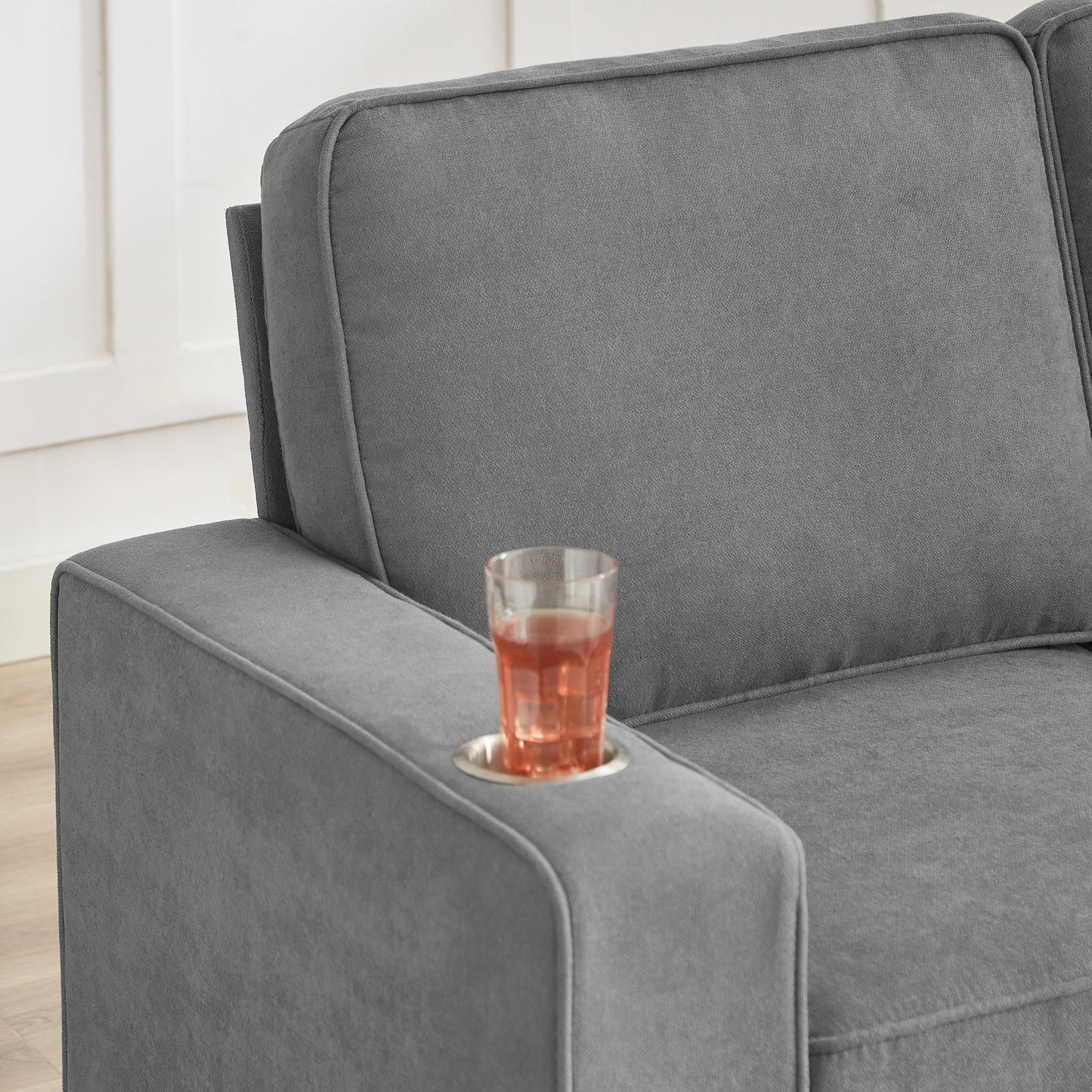 NEW Modern Snow Fleece Fabric 3-Seater Sofa with Cup Holders in Gray