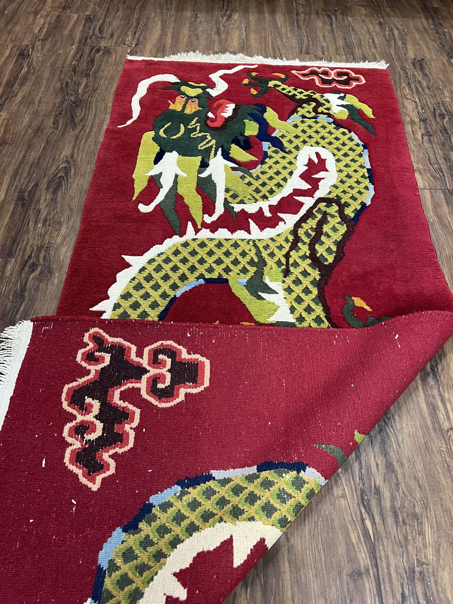 USED Vintage Chinese Dragon Rug 3 x 6.8, Handmade Hand Knotted Red Chinese Carpet with Gold Dragon, Art Deco Peking Soft Chinese Rug Runner