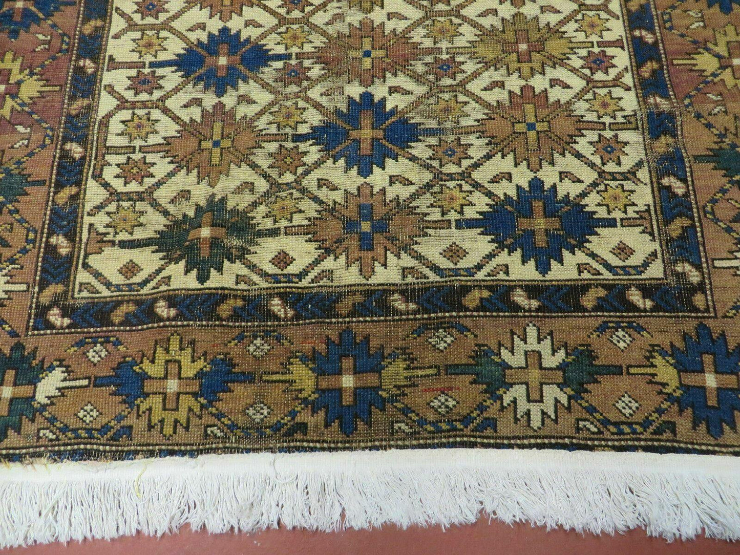 USED 4' X 5' Antique Handmade Caucasian Kazak Shirvan Wool Rug Snow Flakes