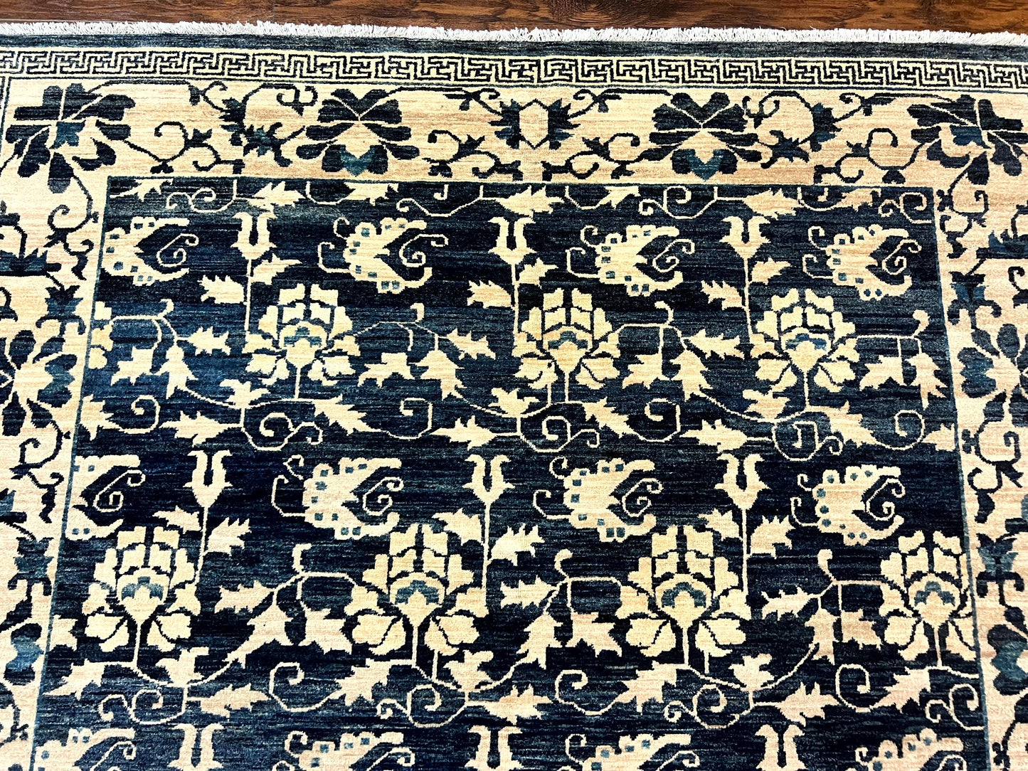 USED Sino Persian Rug 6x9, Hand Knotted Wool Carpet, Floral Allover, Blue Cream-Tan