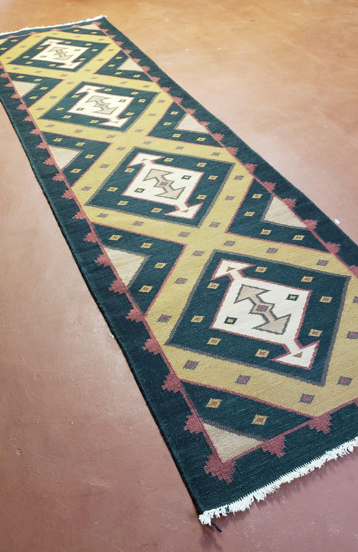 USED Vintage Indian Kilim Runner Rug, Geometric Flatweave Hand-Knotted Wool Kitchen Hallway Runner, Black Gold & Beige, 2' 8" x 9' 9"