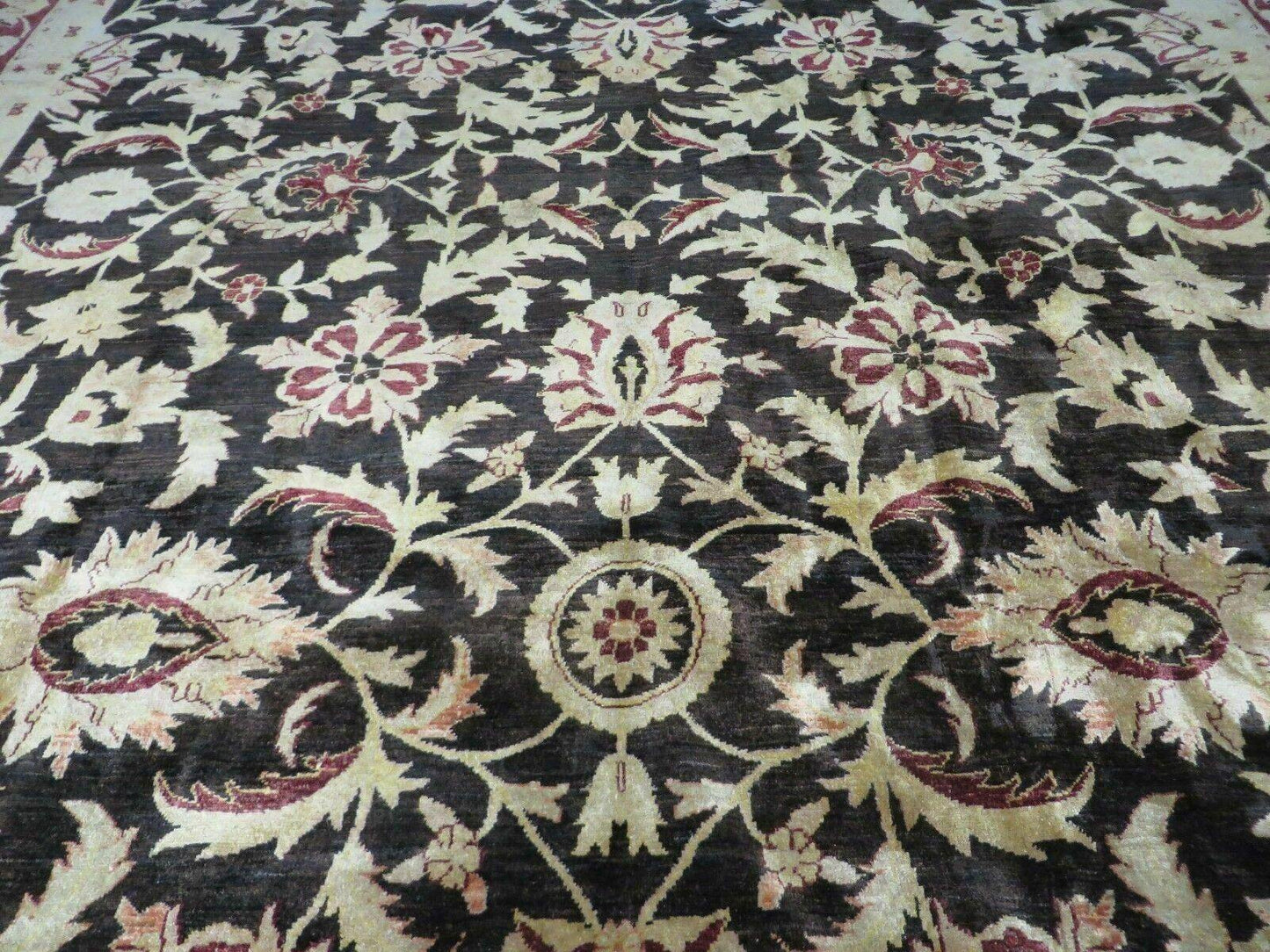 USED 11' X 15' Vintage Hand Knotted Indian Agra Wool Rug Hand Made Dark Brown Floral