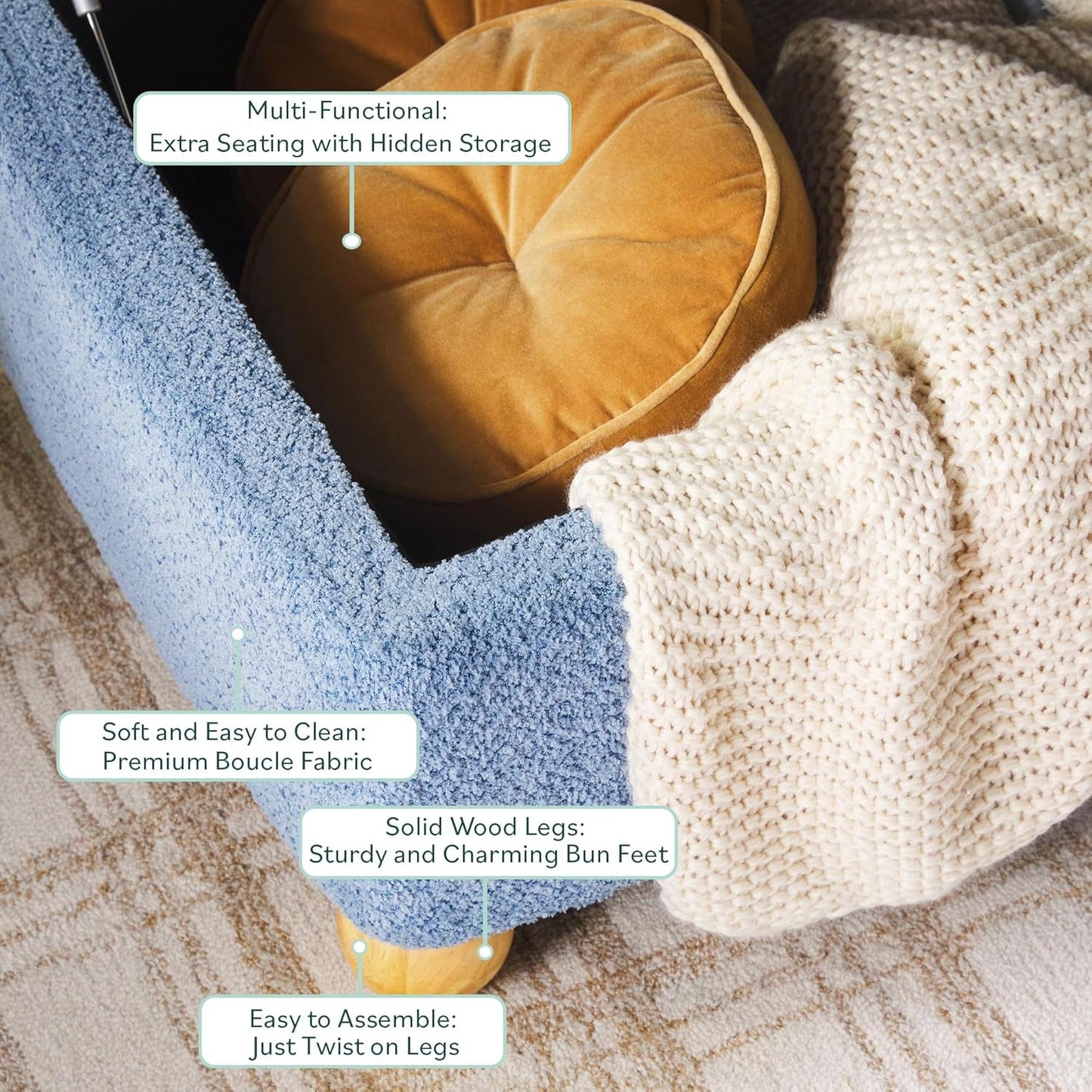 NEW Oversized Large Soft Blue Boucle Fabric Storage Ottoman