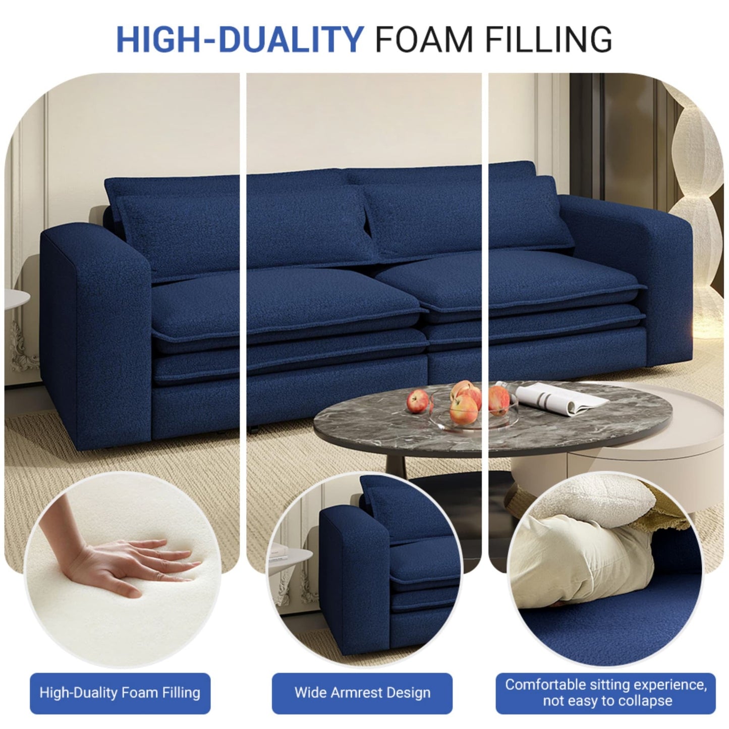 NEW 93' King Size Sleeper Sofa Bed, Pull Out Sofa Bed, 3 in 1 Convertible Sleeper Sofa, Chaise Lounge,3 Seat Teddy Couch with 2 Lumbar Pillows for Living Room, Apartment, Office, Studies,Blue