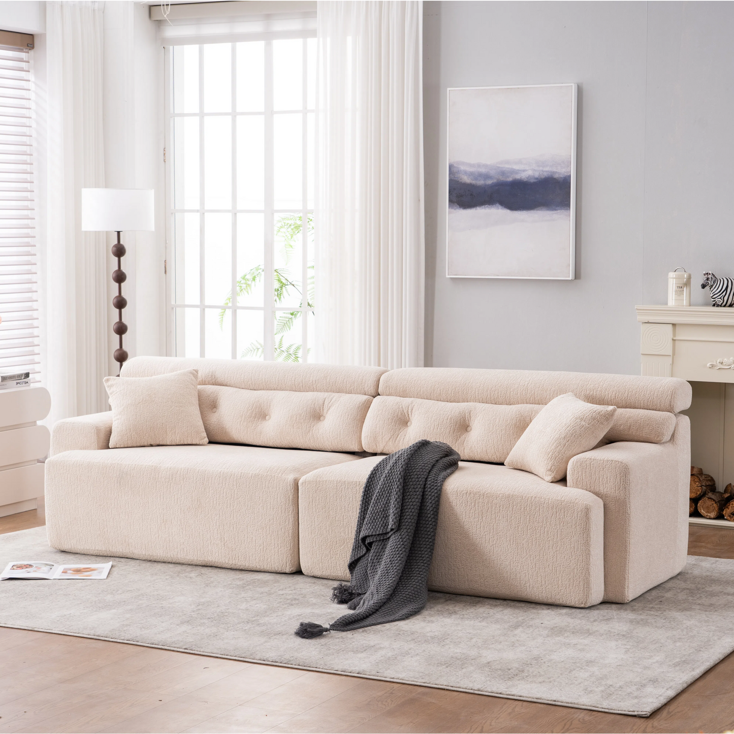 NEW LY-029 Apricot Compression Sofa 4-seater Wood Grain Chenille Fabric Couch with Two Pillows