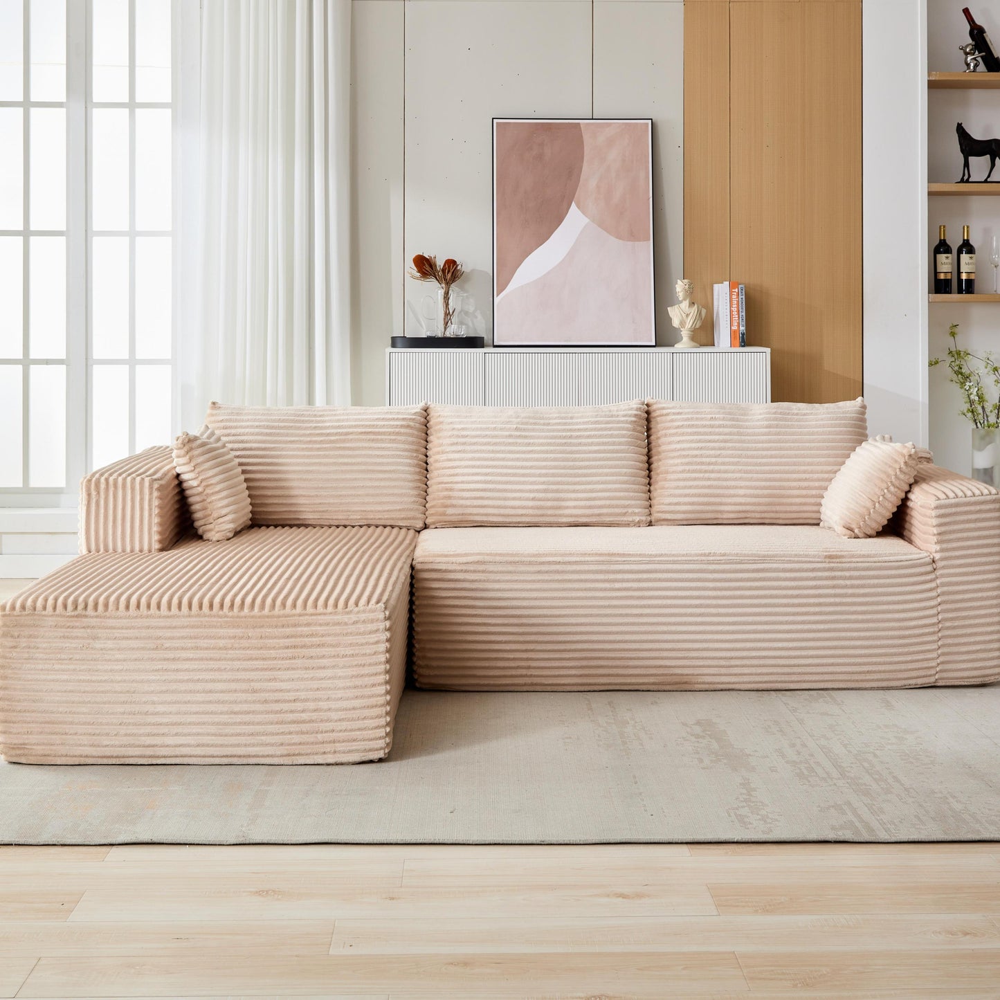 NEW Compression Sectional Couch with Comfy Chaise, Boneless L Shape Sofa with Deep Seat, Minimalist Modular Couches Sleeper for Living Room Bedroom Apartment Lounge,corduroy,Beige