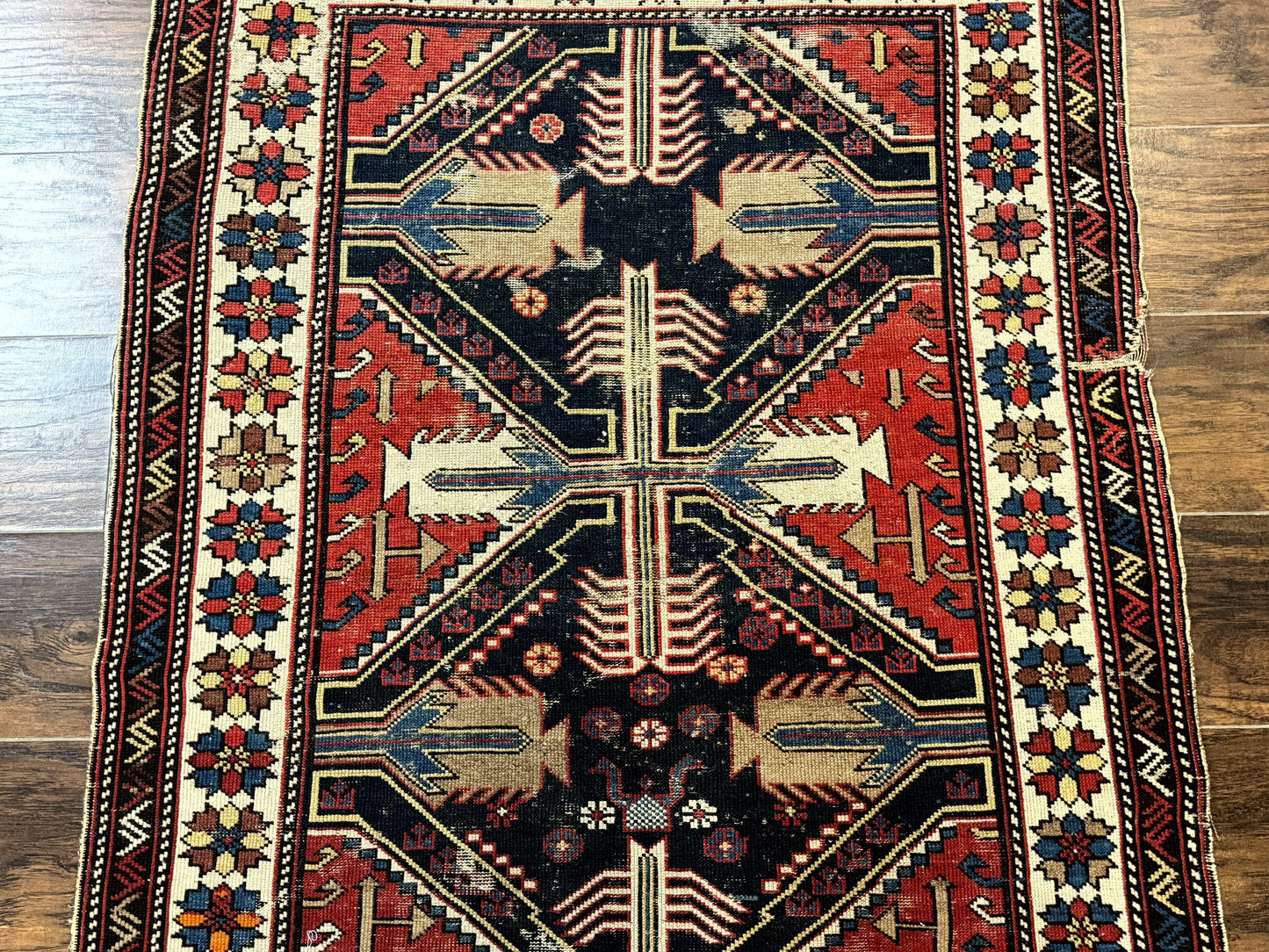 USED Antique Shirvan Caucasian Rug 3x5, Geometric Pattern, Red Navy Blue Beige