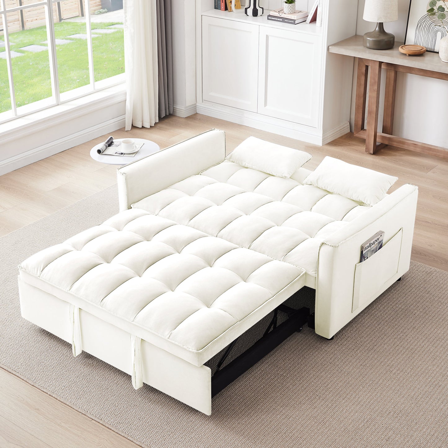 NEW 55.1-inch 3-in-1 Off White Convertible Modern Velvet Double Sofa Futon Bed with Adjustable Back Storage Bag and Pillow
