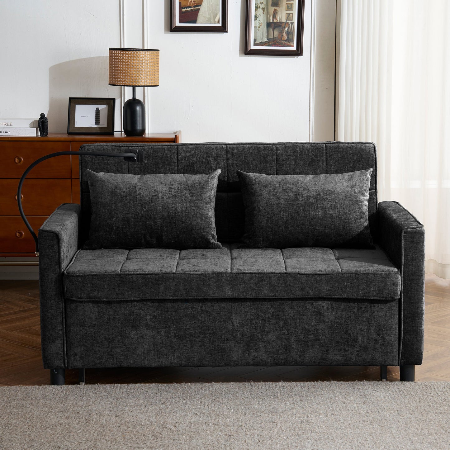 NEW Contemporary 56.9' Loveseat Sofa Bed Sleeper with Reversible Backrest, Side Pockets, USB Ports, Phone Holder, Black Chenille