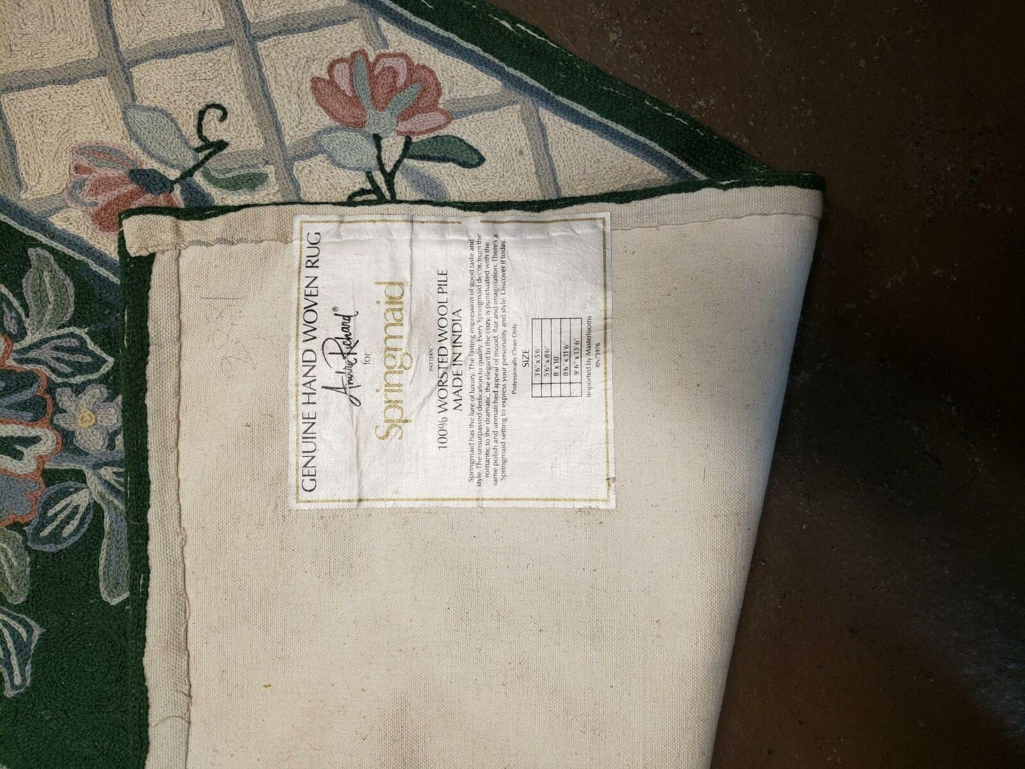 USED 3' 6" X 5' 6" Hand Stitched Indian Wool Rug with Backing Green Beige