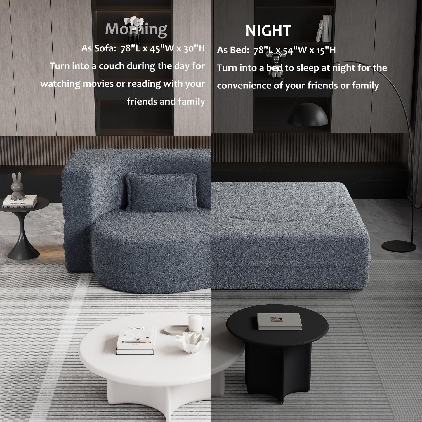 NEW Modern Floor Sofa, with 2 Pillows, Convertible Teddy Fabric Foam Filled Bed, 15 inch Full Size Folding Mattress, Suitable for Living Room, Guest room, Game Room, Grey