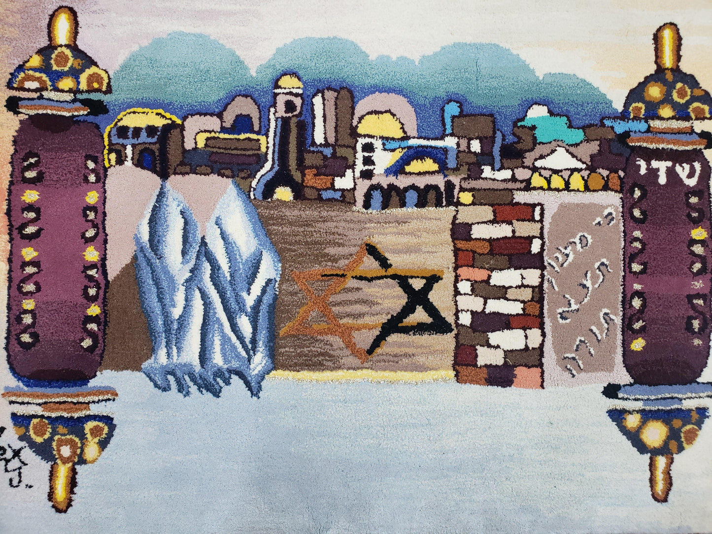 USED Vintage Judaica Pictorial Rug 3x5, Wool Hand-Tufted Israeli Signed Rug, Jerusalem Rug, Star of David Torah Scroll Verses, Chanuka Gift