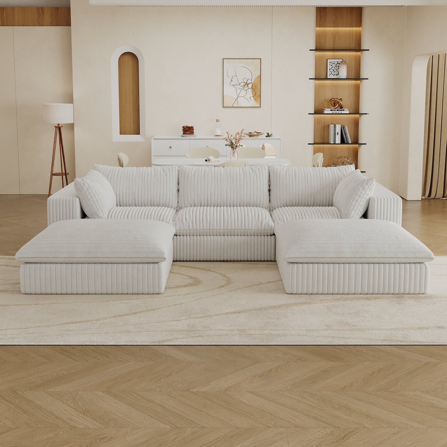 NEW 118.2' White Cloud Corduroy Fabric Deep Seat Double-layer Couch with Removable Cushion