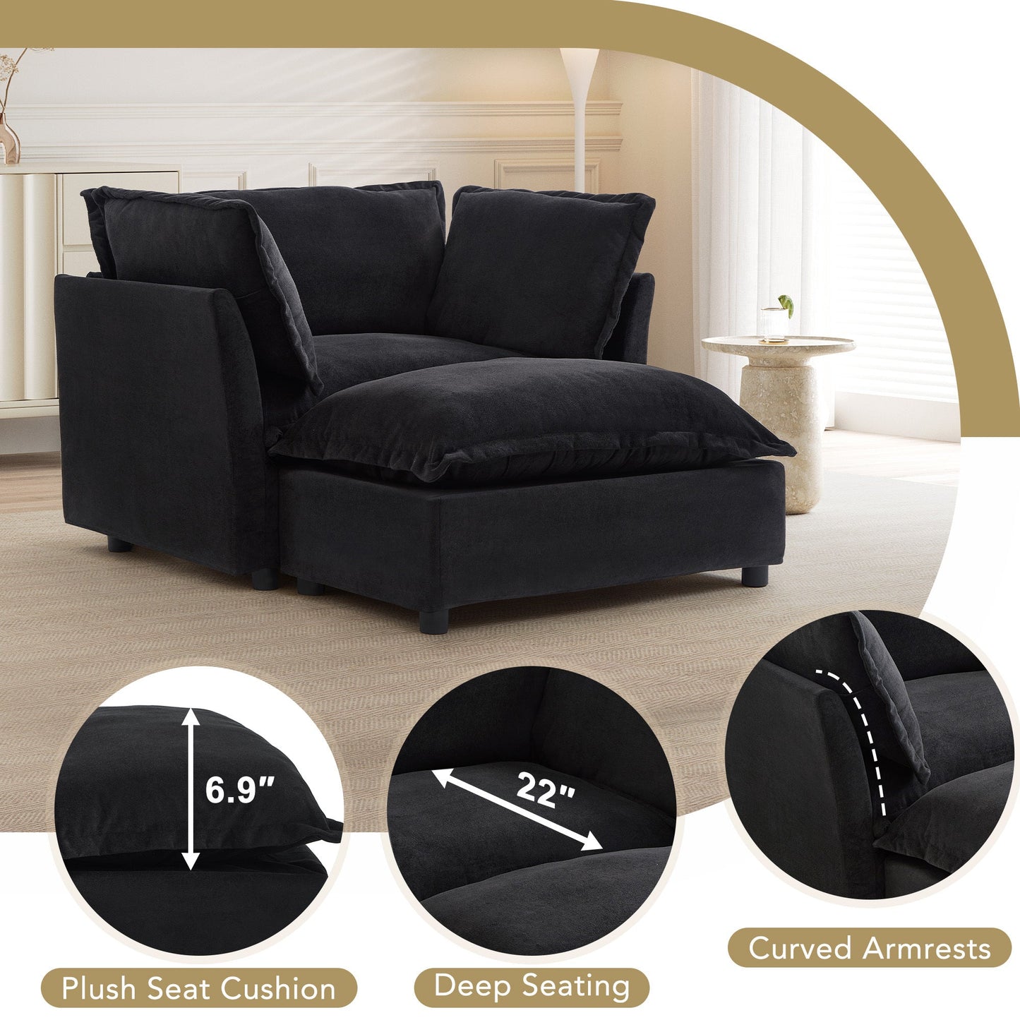 NEW Modern Armchair Sofa 47' Cozy Upholstered Sofa Chair with Movable Ottoman, Black Chenille, Wide Seat & Curved Armrests