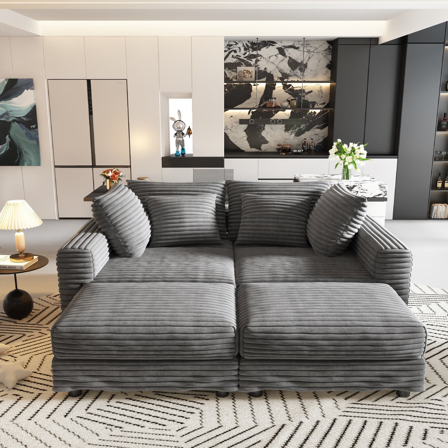 NEW 104.3' Plush Grey Corduroy Modern Comfy Upholstered 4-Seat Comfy Deep Seat Sofa Cloud Couch with Soft Pillows and 3 Ottomans Convertible Lounge Char