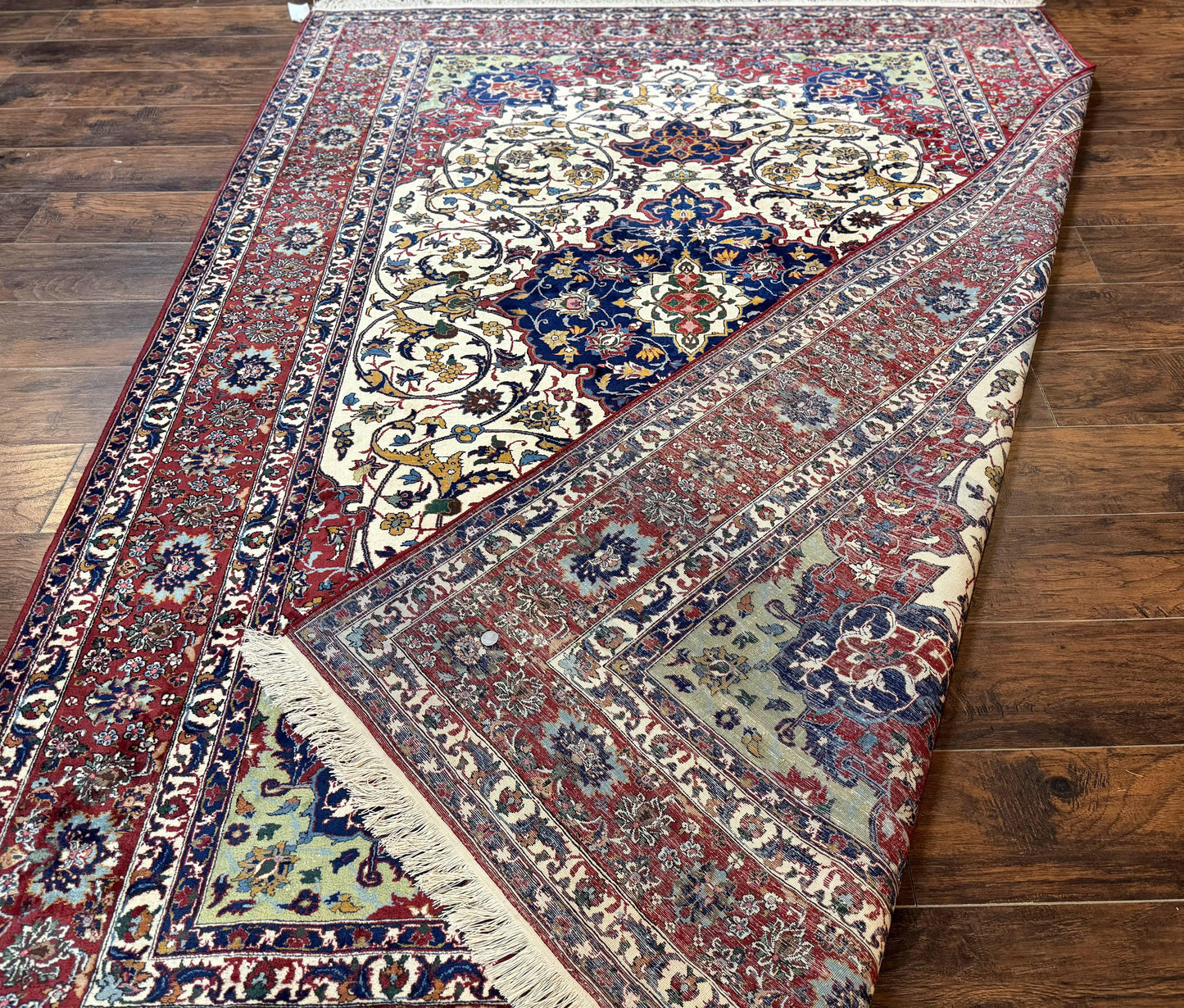 USED Wonderful Persian Isfahan Rug 7x9, Ivory Navy Blue Red, Floral Medallion, Very Finely Hand Knotted 260 KPSI, Handmade Wool Vintage Rug