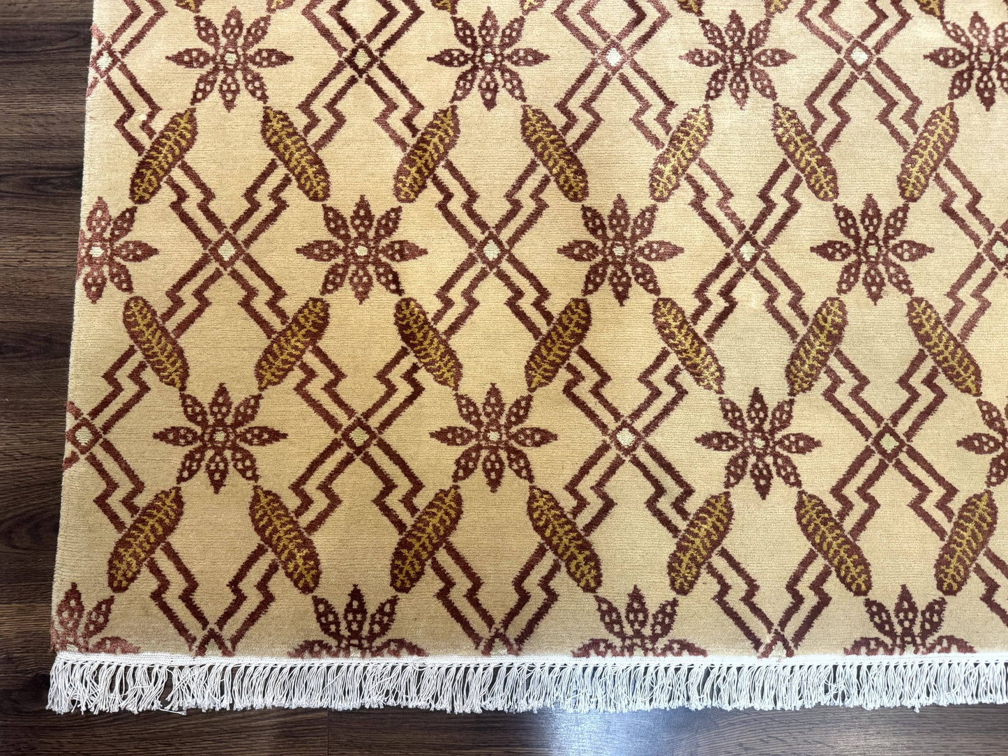 USED Tibetan Rug 8x10, Wool with Silk Highlights, Beige and Maroon, Contemporary Carpet