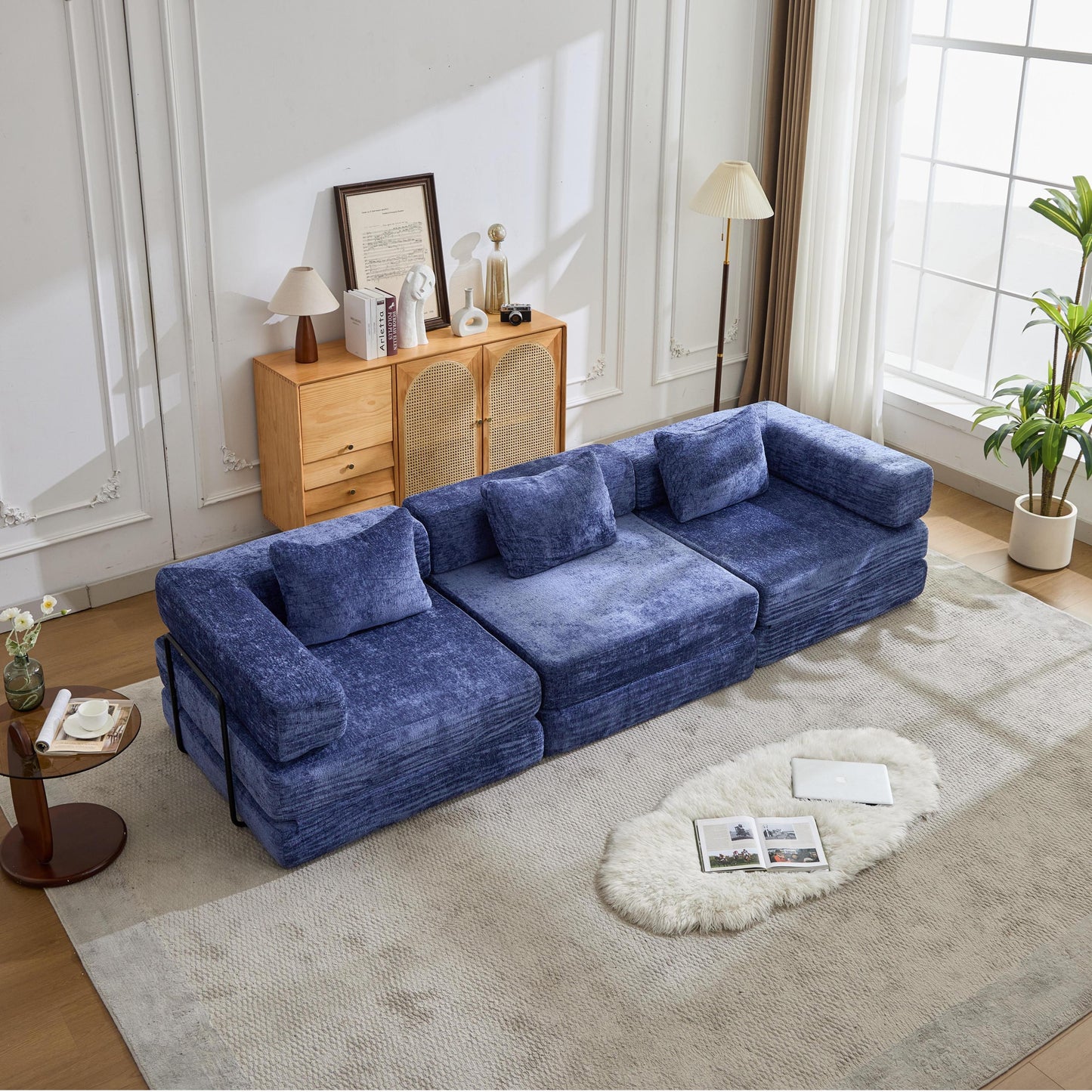 NEW Dark Blue Chenille Fabric Compression Convertible Floor Sofa Bed with Fixed-Shape Frame Boneless Modular Sectional Couch