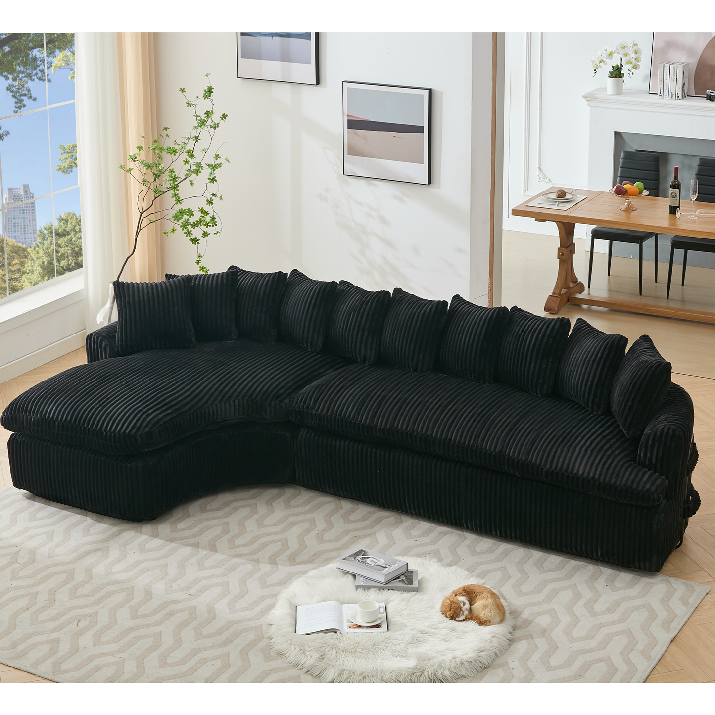 NEW 127''  Large Sectional Sofa ,Elegant Curved Design ,High-Resilience Foam ,Ten Back Cushions,L-Shape Left Sofa,No Assembly  Required , (Black-Soft Corduroy Fabric)