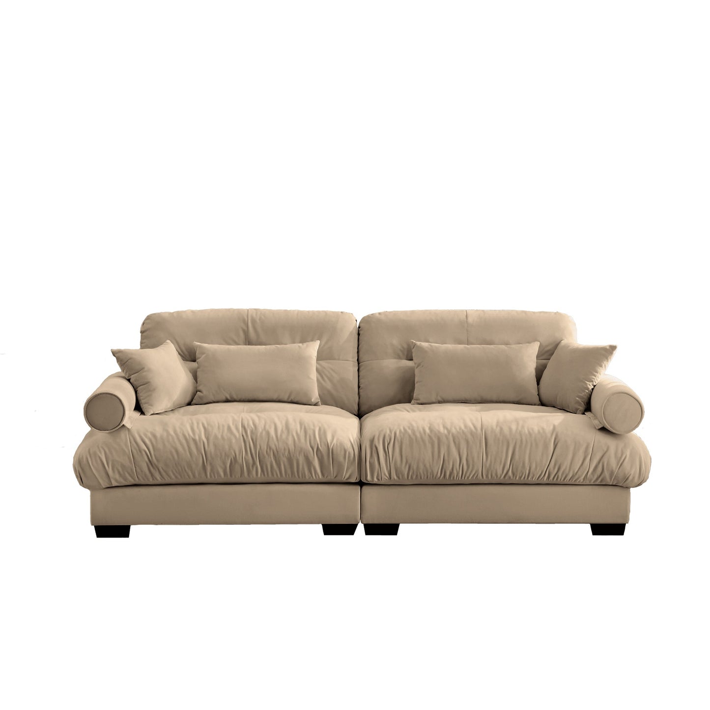 NEW Modern Camel Velvet Two-Seater Sofa with Bolstered Armrests and Pillows