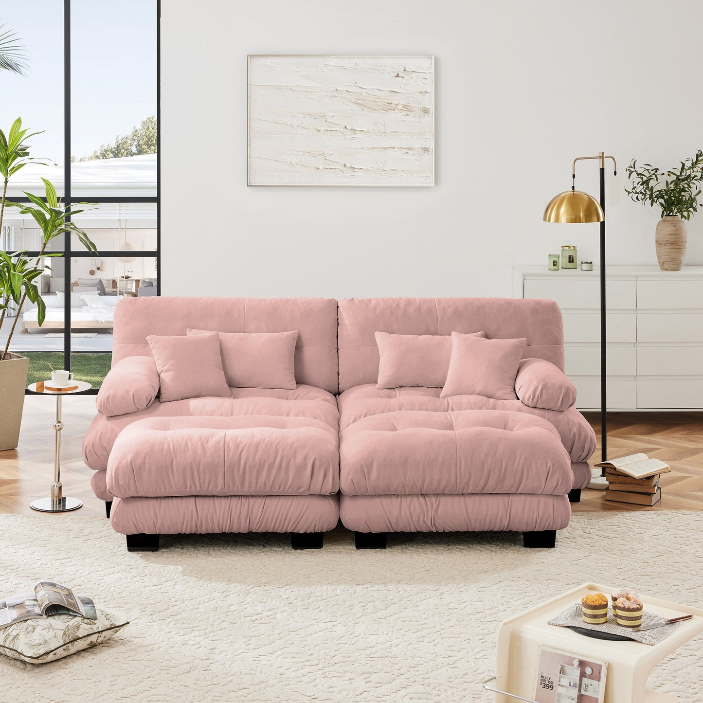 NEW Chenille Pink Upholstered Wide Arm 2 Seater Loveseat Cloud Sleeper Sofa Couch with 2 Lumbar Pillows 2 Throw Pillows 2 Ottomans