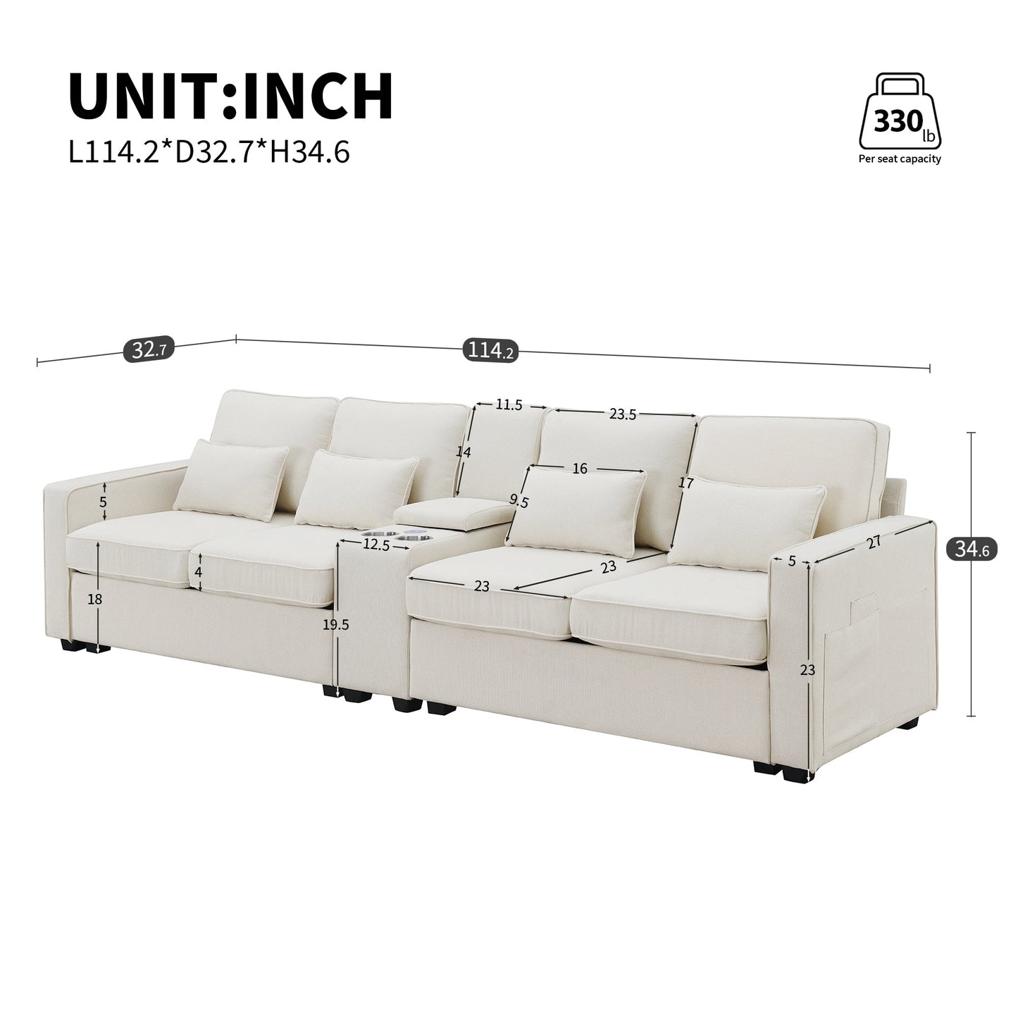 NEW Modern Linen Fabric Upholstered Sofa Couch with Console 2 Cupholders 2 USB Ports Wired or Wirelessly Charged 4 Pillows