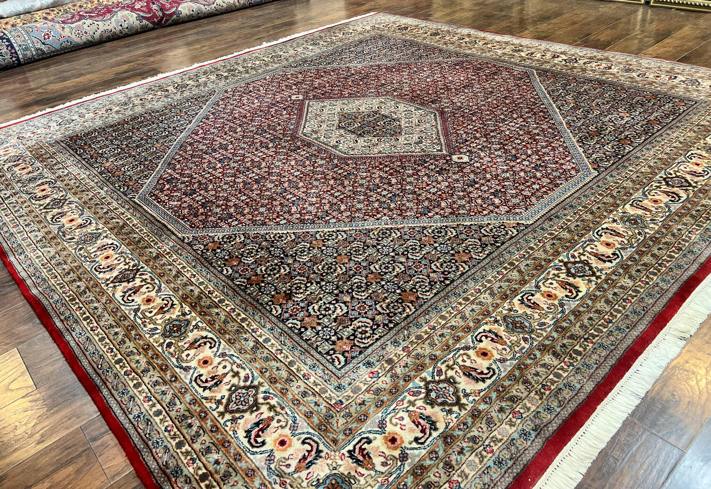 USED Square Indo Persian Bidjar Rug 10x10, Red, Handmade Vintage Wool Carpet