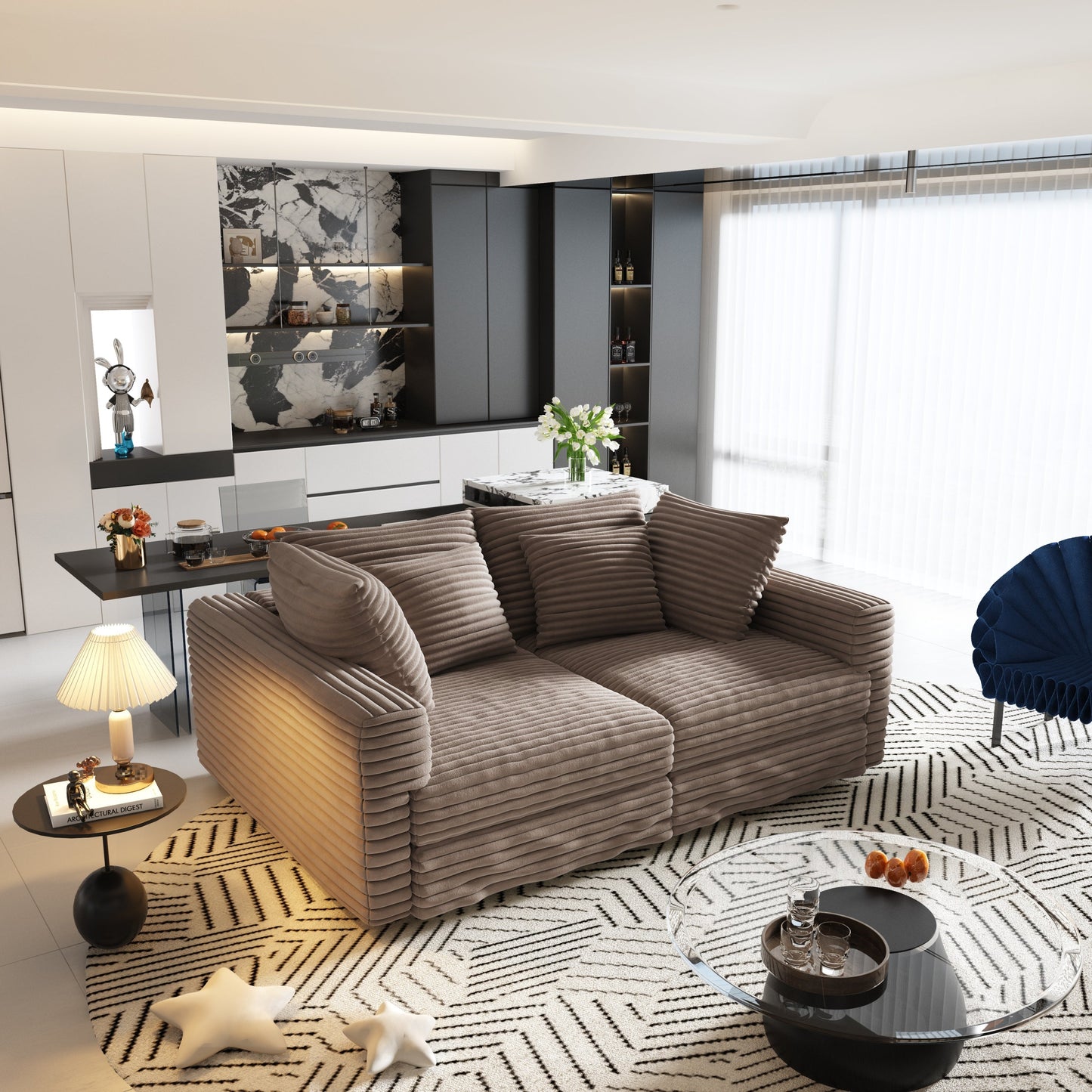 NEW 102.4' Modern Comfy Plush Upholstered Camel Corduroy 4-Seat Convertible Sofa Lounge Chair Comfy Upholstered Sofa Deep Seat Couch with Soft Pillows and Movable Ottoman