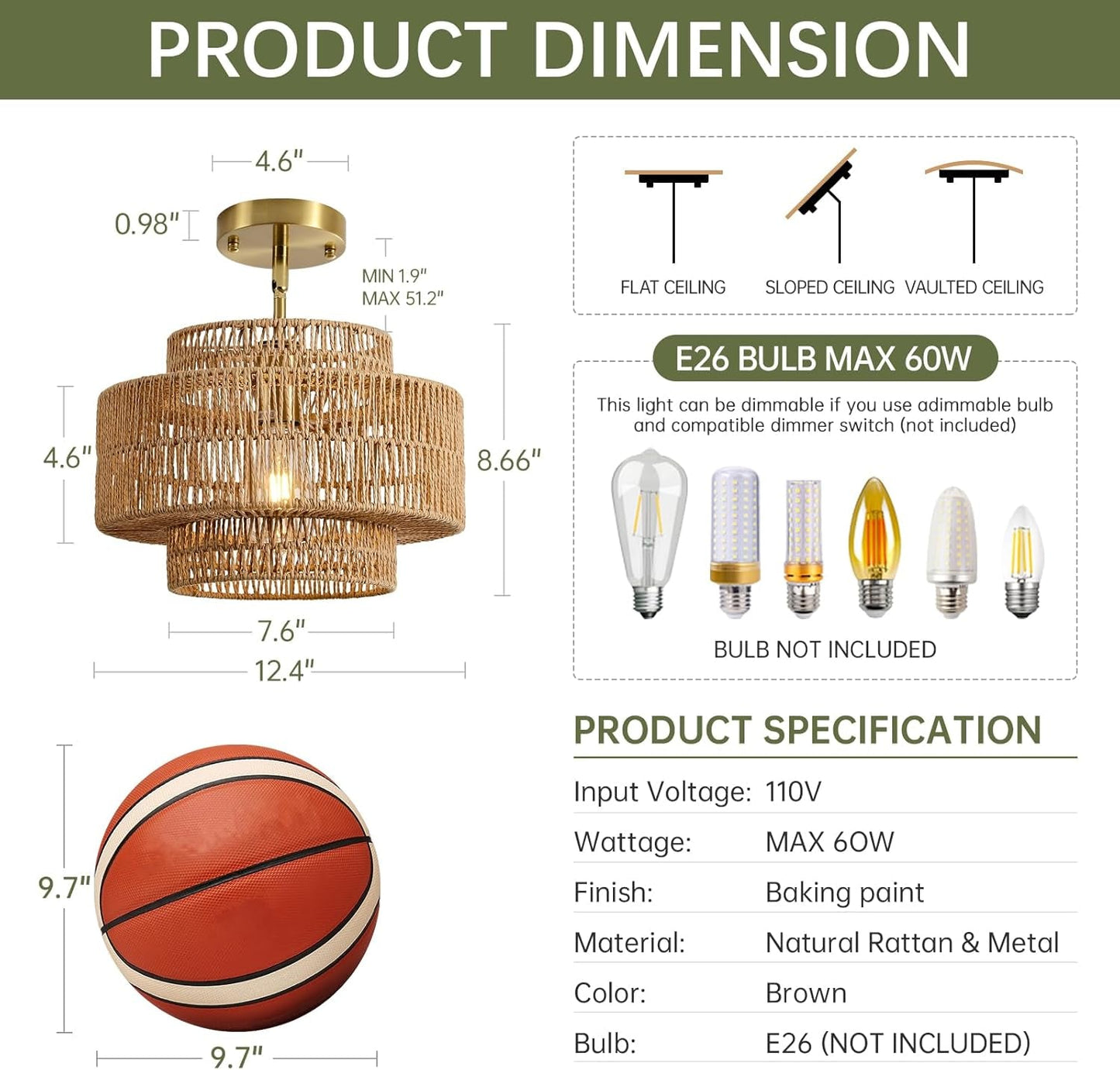 NEW Boho Rattan Chandelier Handwoven Pendant Light Natural