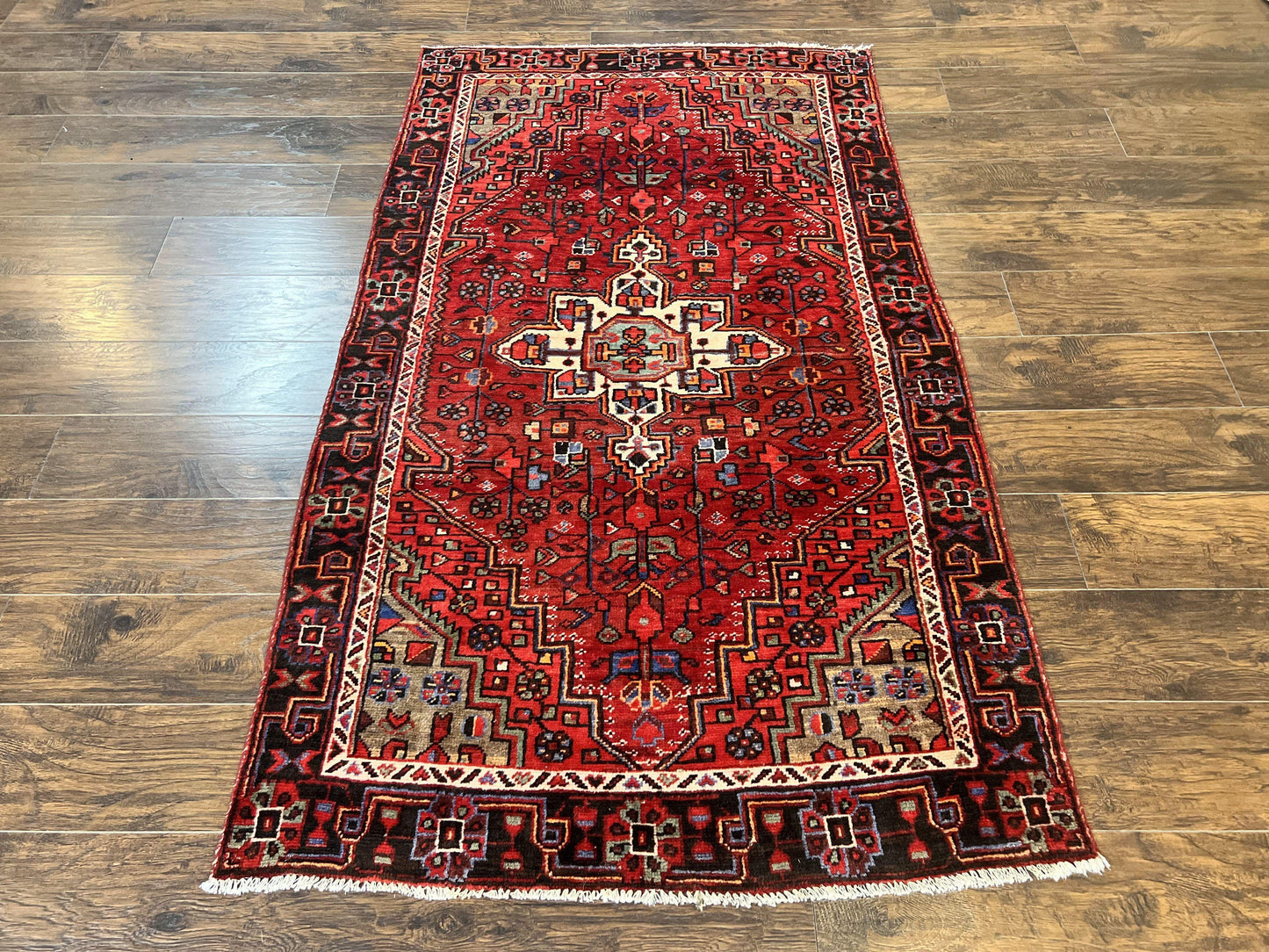 USED Antique Persian Tribal Rug 4x7, Red, Geometric Medallion, Handmade, Wool, Persian Zanjan Rug