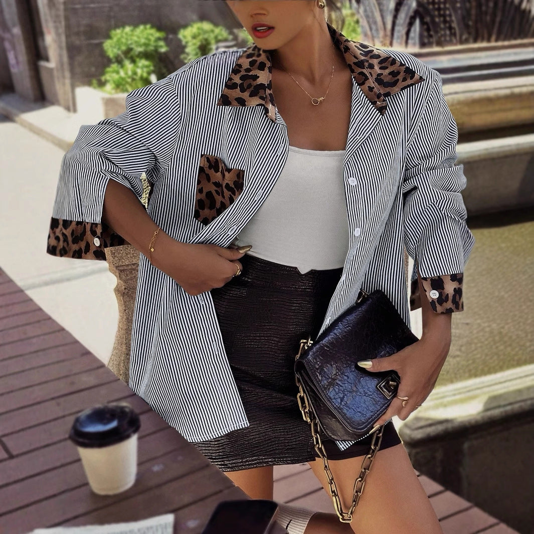 New INS Leopard Striped Patchwork Shirt Fashion Casual Long-sleeved Button Lapel Top Women's Clothing