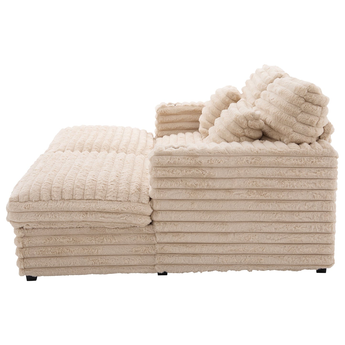 NEW Plush Champagne Faux Rabbit Fur Upholstered Oversized Double Chaise Lounge Sofa with USB Ports and Cup Holders