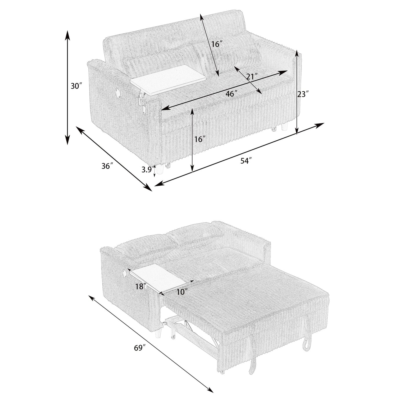 NEW Pull-out Push-in Beige Corduroy Sofa with Dual Functions Movable Tabletop and USB Ports