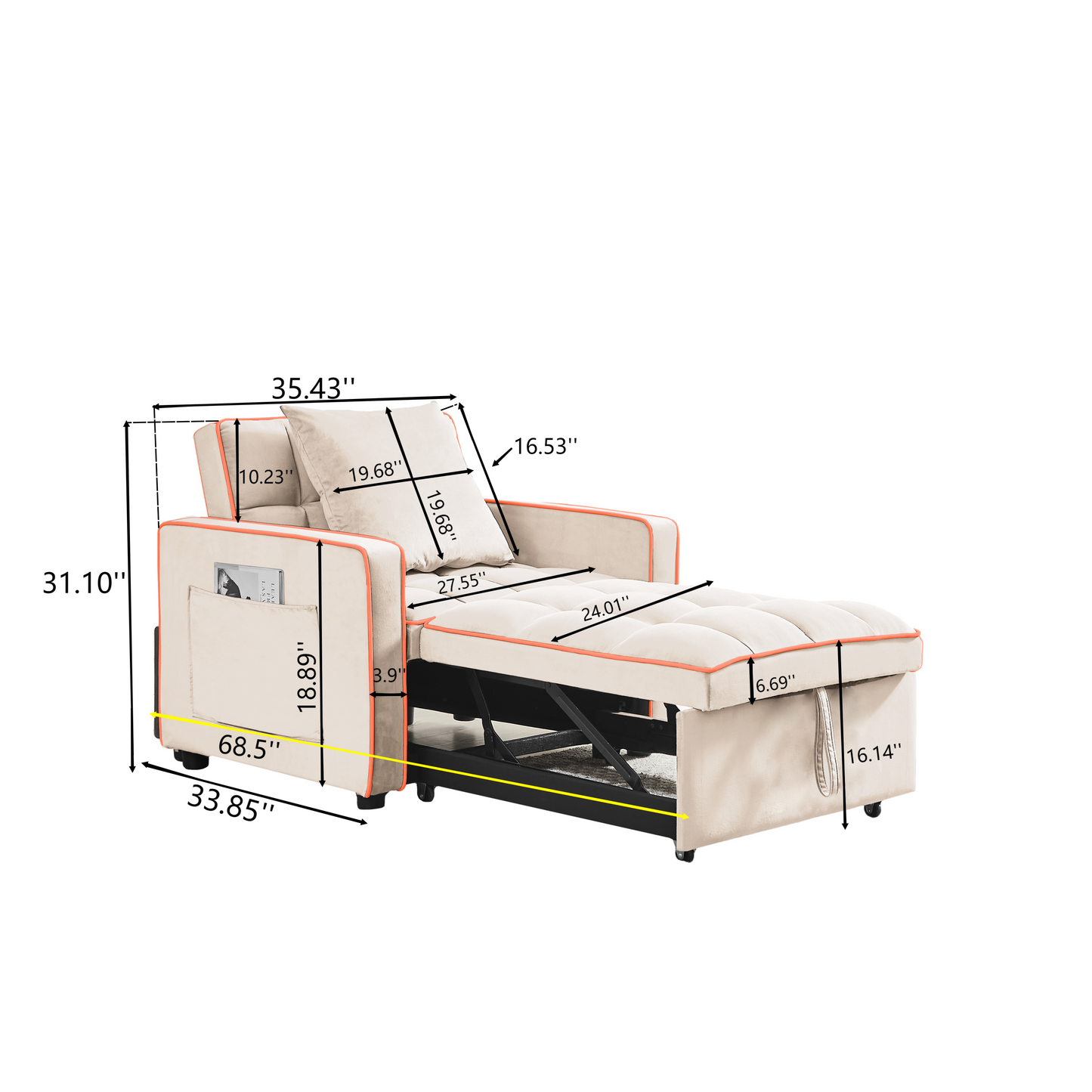 NEW Creamy White Velvet Modern Three-in-One Folding Sofa Bed Chair with Adjustable Back