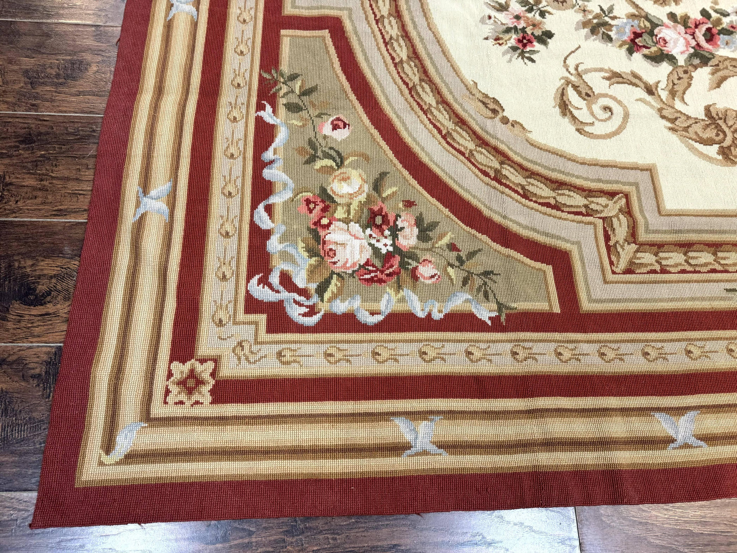 USED Aubusson Needlepoint Rug 9x11, Handmade Vintage Wool Flatweave Carpet, Elegant European Rug, Floral, Cream