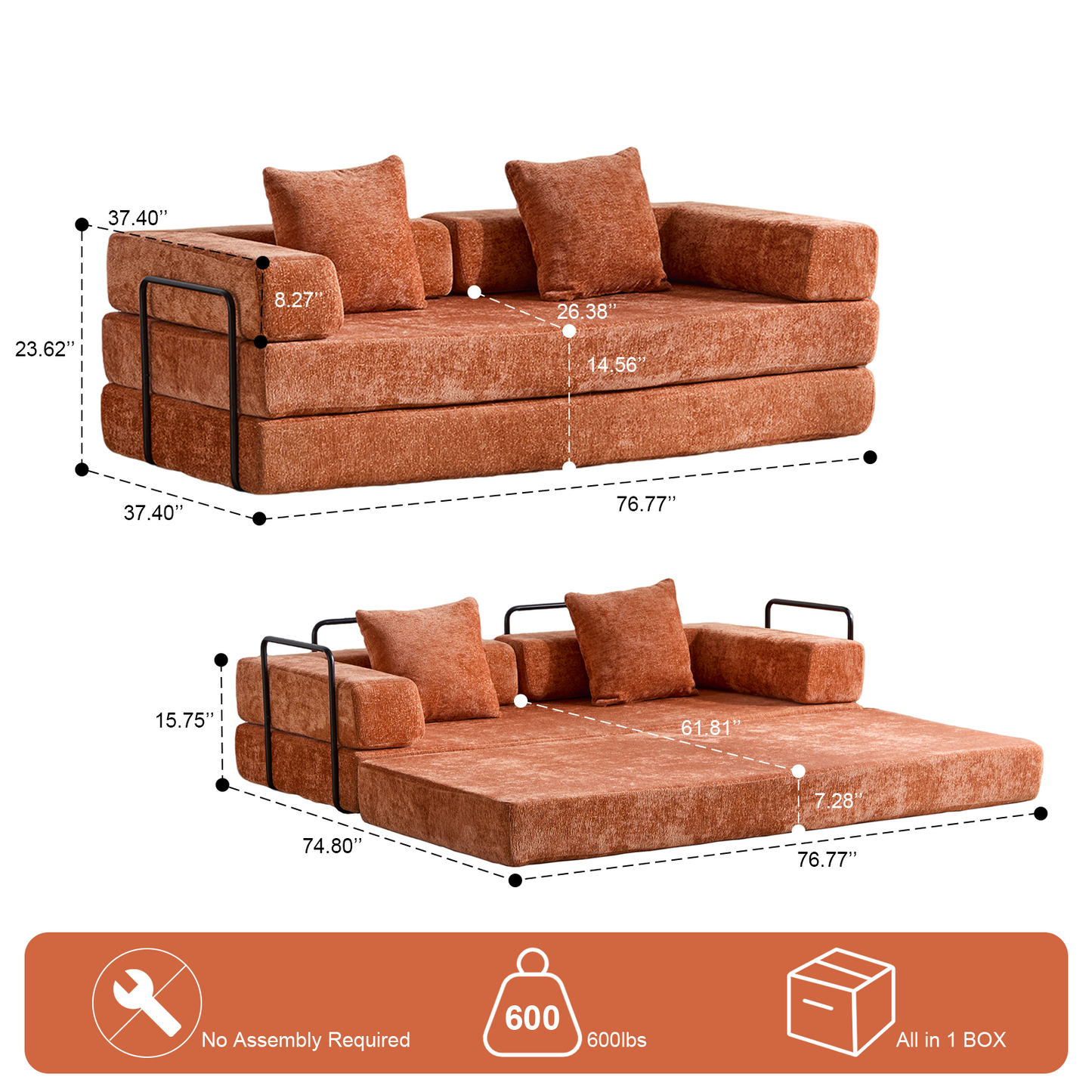 NEW Orange Chenille Fabric Comfy Futon Couch Lounge Sleeper Compression Convertible Floor Sofa Bed Couch with Pillow Back Support Armrest Bed