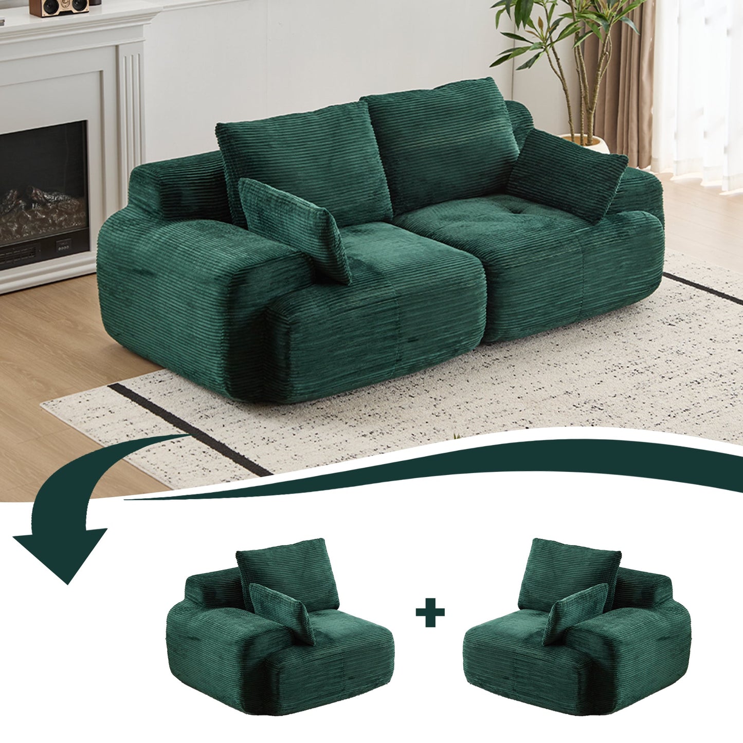 NEW Modern Memory Foam Green Corduroy Fabric Extra Deep Loveseat Compressed Sofa 2 Seater Large Modular Sectional Sofa Couch