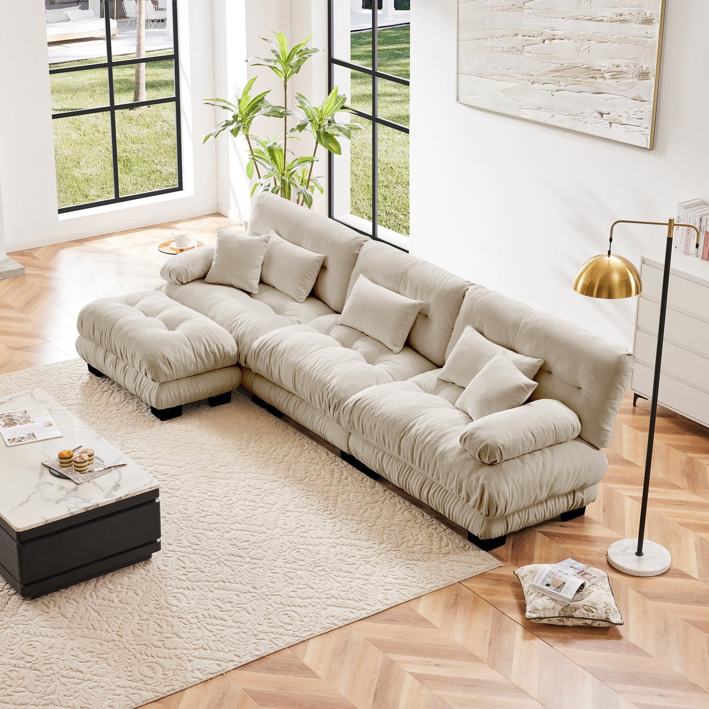 NEW Luxury Chenille Light Coffee Modular Sectional Sofa Oversized L Shaped Cloud Deep Seat Couch with Convertible Ottoman