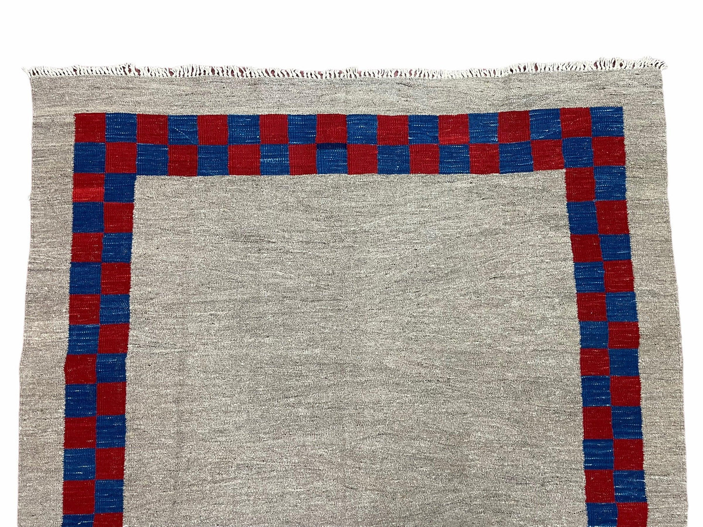 NEW 5' 7" x 7' 9" Geometric Kilim Carpet, Gray, Handmade, Hand-Knotted Area Rug, Blue & Red, Flatweave, Wool, New, Checkerboard Pattern