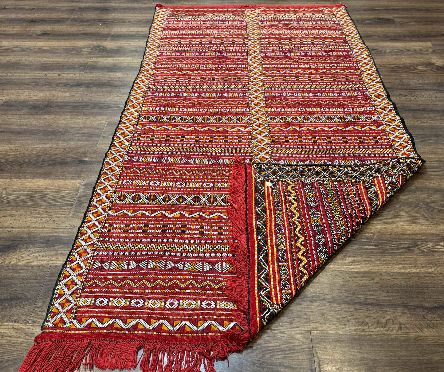 USED Moroccan Kilim Rug 4x8, Flatweave, Bohemian, Red Ivory Orange