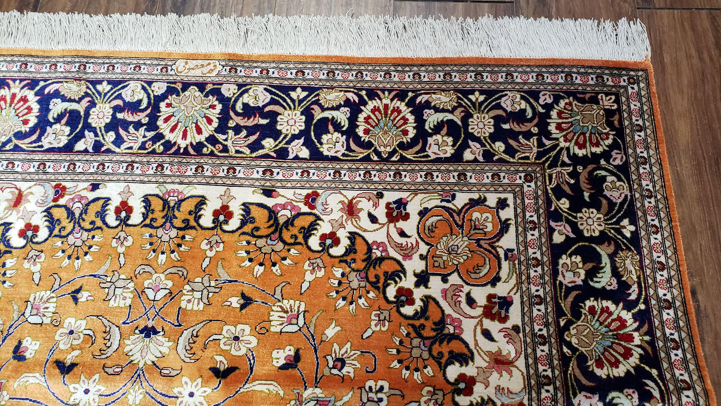 USED Vintage Persian Qum Silk Rug 4.6 x 6.7, Burnt Orange and Navy Blue, Antique Oriental Very Fine Signature Master Weaver 350+ KPSI Ghom Qom 5x7 Rug