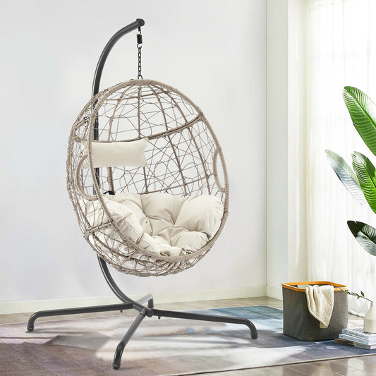 NEW Patio Swing Egg Chair Basket Rattan Hanging Lounge Chair with Stand and Cushions