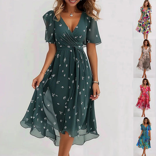 New Chiffon Printed Short Sleeve Dress Summer Elegant V-neck Dresses Womens Clothing