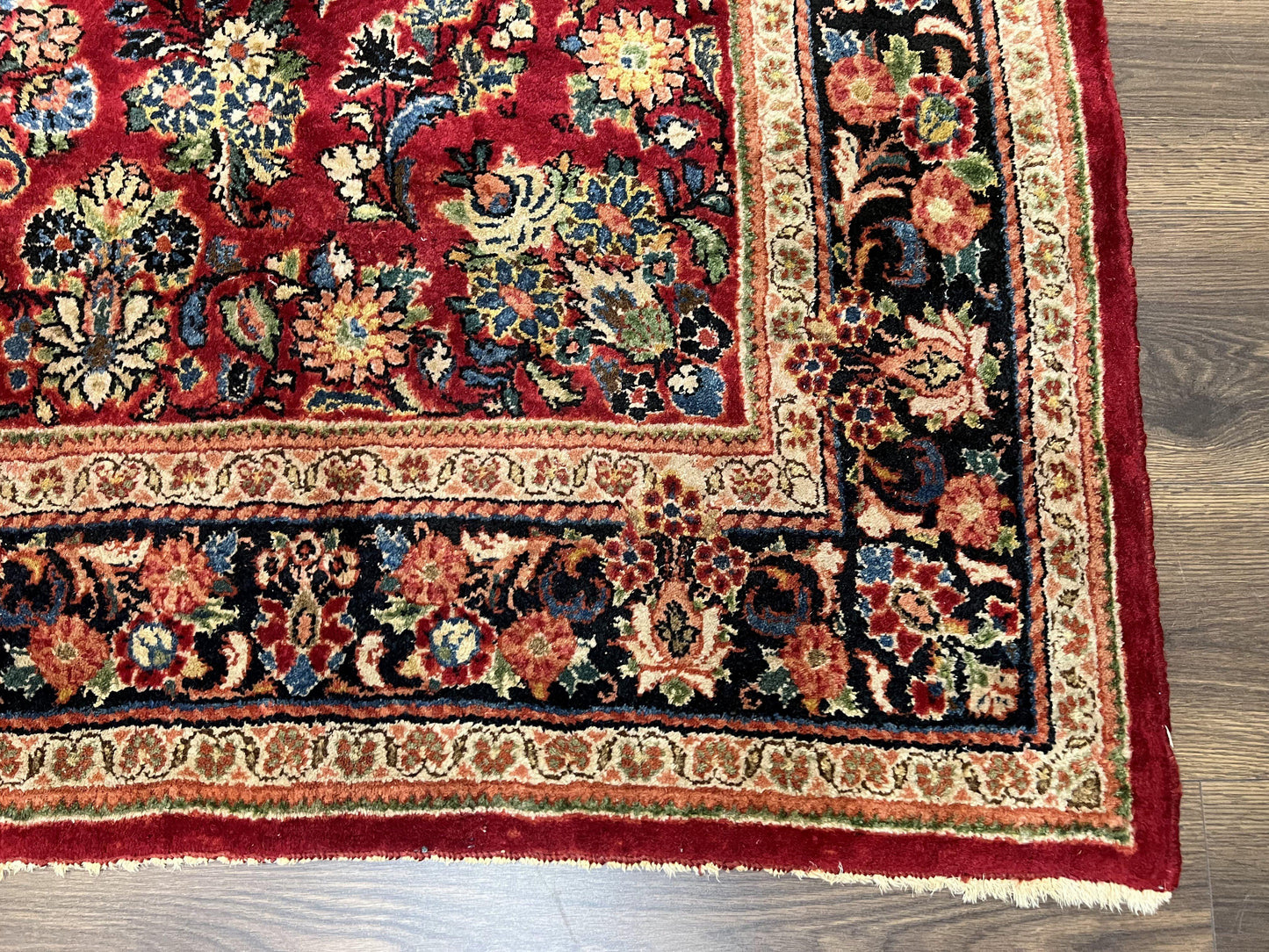 USED Rare Persian Almost Square Rug 6.3 x 5.3, Hand Knotted Wool Antique 1920s Sarouk Oriental Carpet, Red Navy Blue Beige, Floral Allover, 5x6 Area Rug