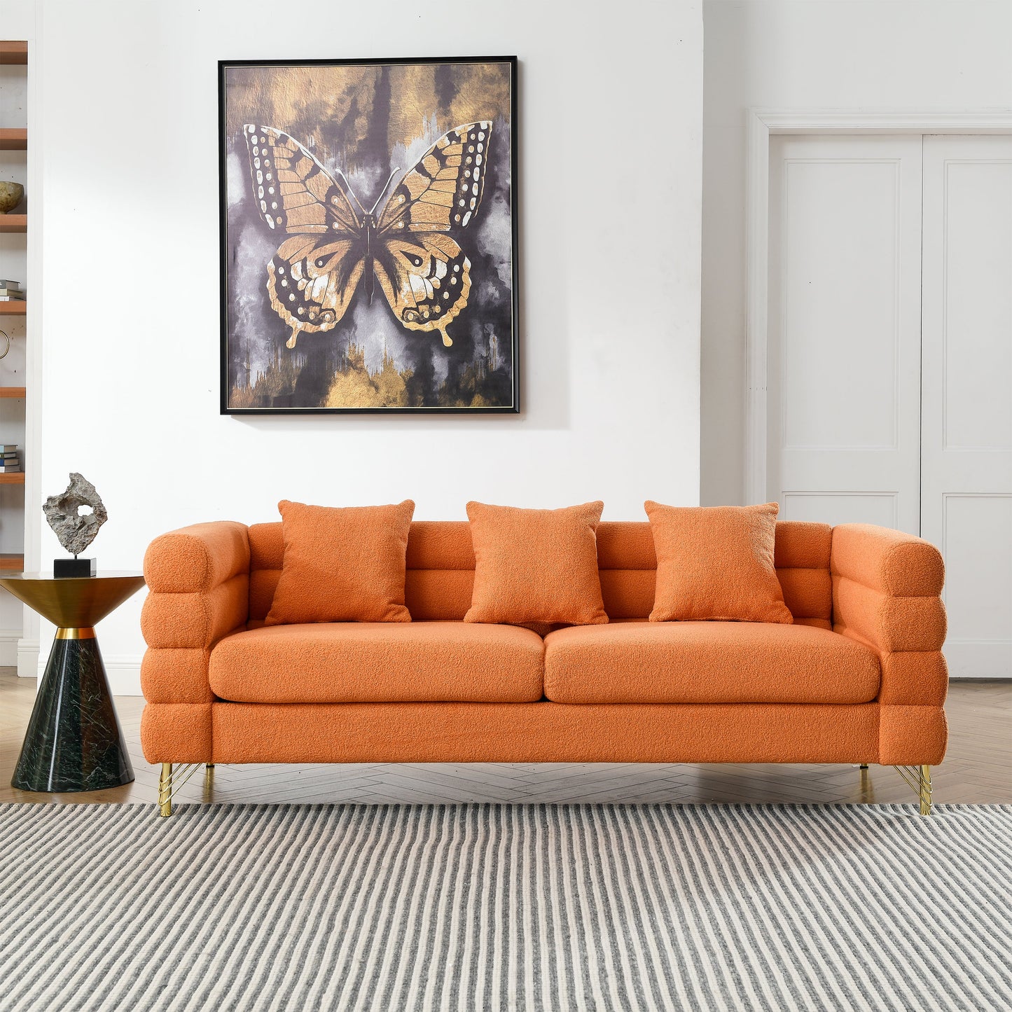 NEW 81 Inch Oversized Orange 3 Seater Fabric Sectional Deep Seating Sofa with 3 Pillows