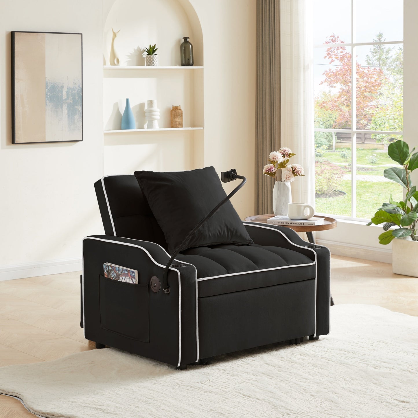 NEW Black Velvet Convertible 3-in-1 Sofa Bed with Multi-Pockets and Adjustable Sleeper